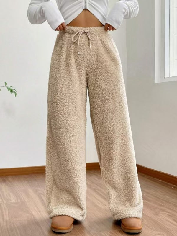 Damen nan hochtaillierte Teddyfleece-Loungehose mit weitem Bein, Kordelzug und seitlichen Eingrifftaschen Echo Archiv