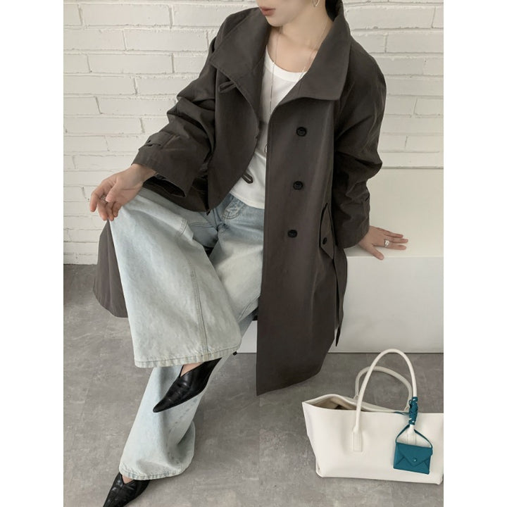 Damen Midilanger Trenchcoat mit hohem Stehkragen, Bindegürtel und lässiger Oversize-Silhouette Echoarchiv