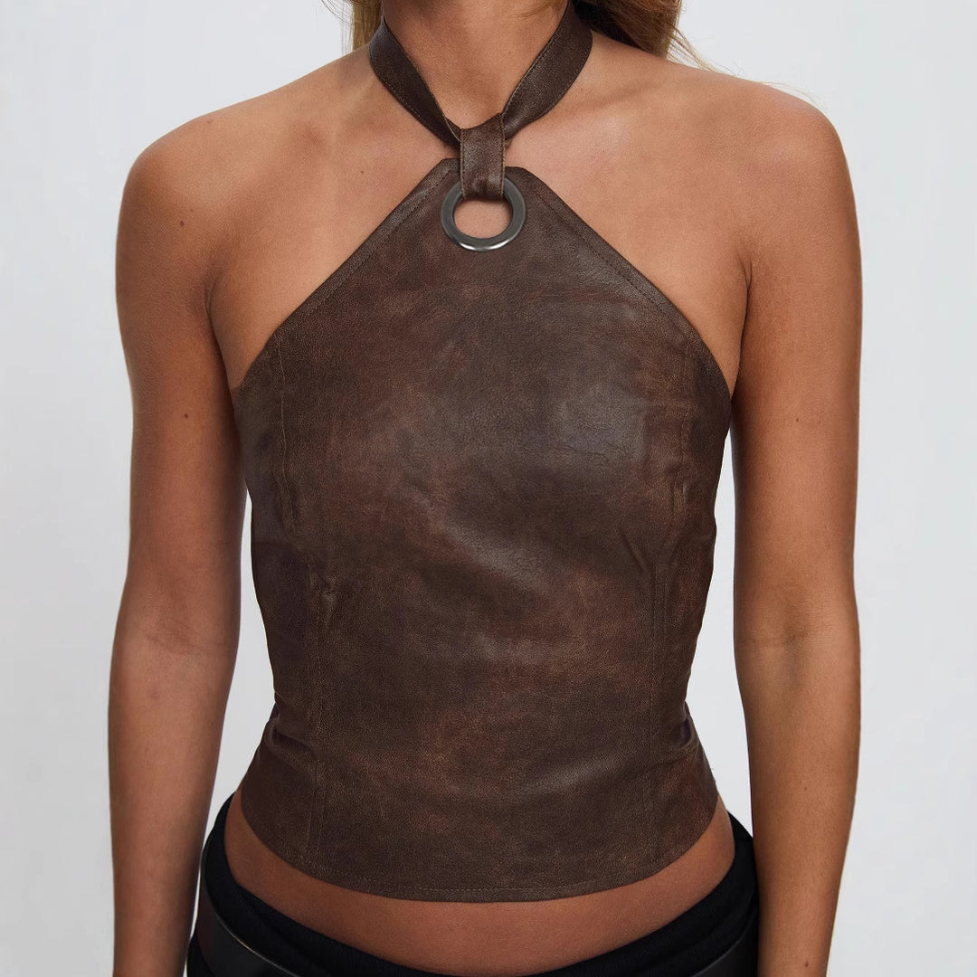 Damen Kunstleder Crop-Top mit verspieltem Bindeband und dekorativem Ring Echo Archiv