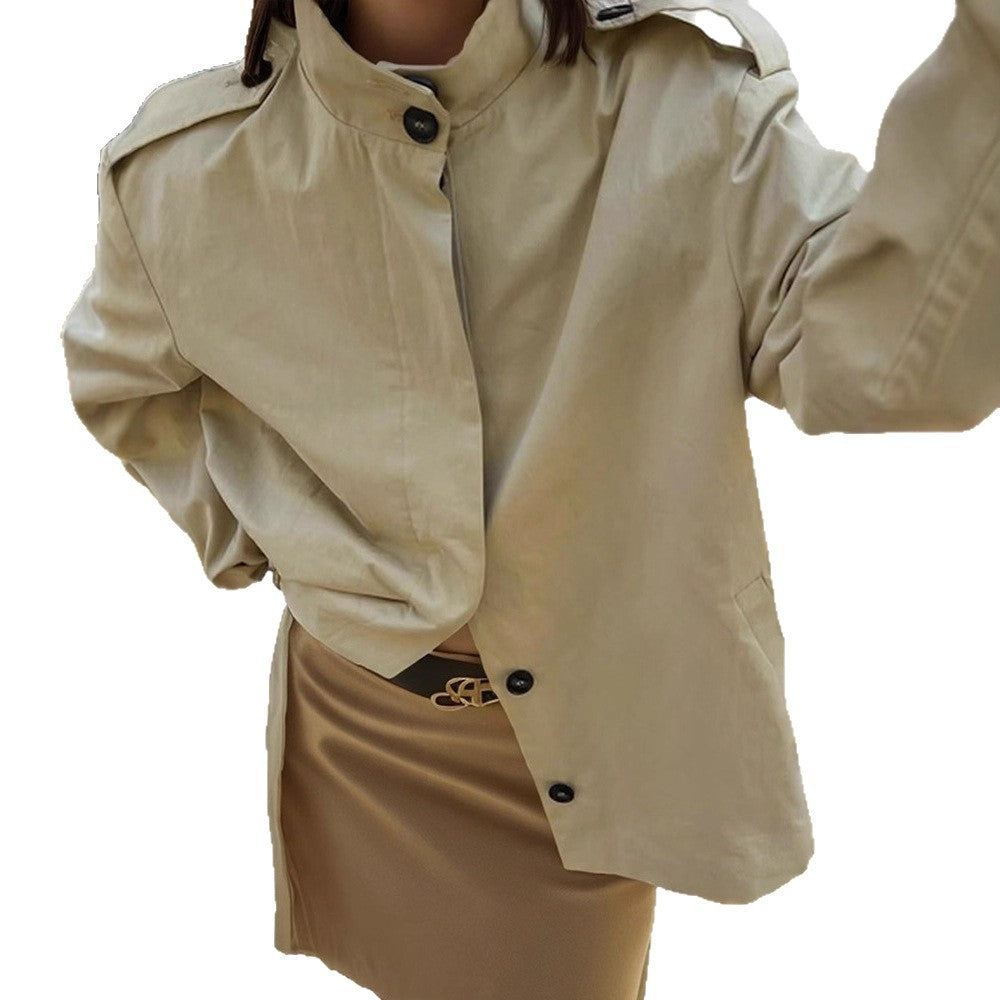 Damen Kurzbluse-Trench mit Stehkragen, Schulterpatten und Ballonärmeln Echoarchiv