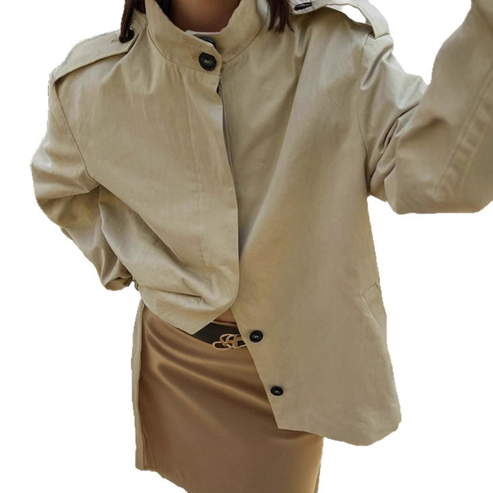 Damen Kurzbluse-Trench mit Stehkragen, Schulterpatten und Ballonärmeln Echoarchiv