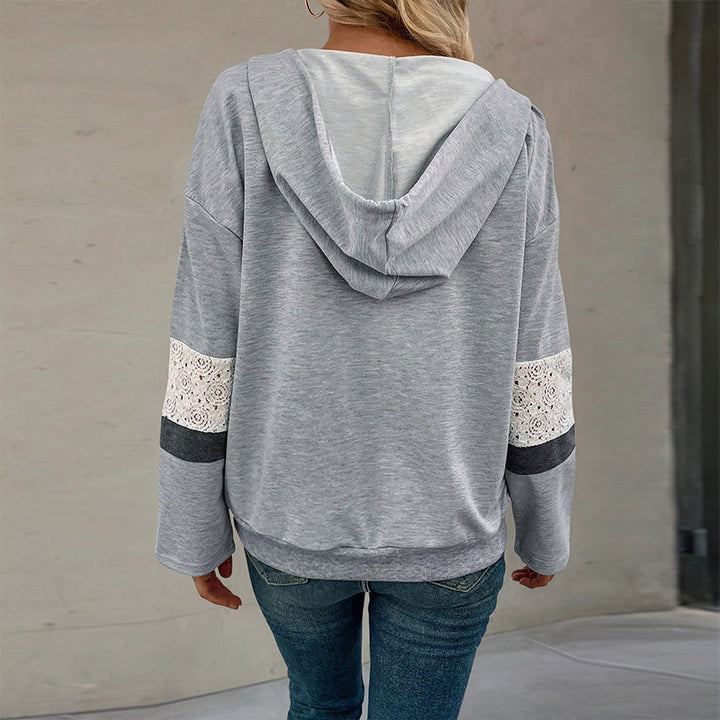 Damen V‑Ausschnitt Kapuzen-Sweatshirt mit Spitzenbesatz an den Ärmeln und Kängurutasche Echoarchiv