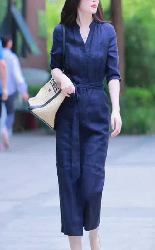 Damen Leichter Culotte-Jumpsuit mit Stehkragen, 3/4-Ärmeln und Taillengürtel – Solévia