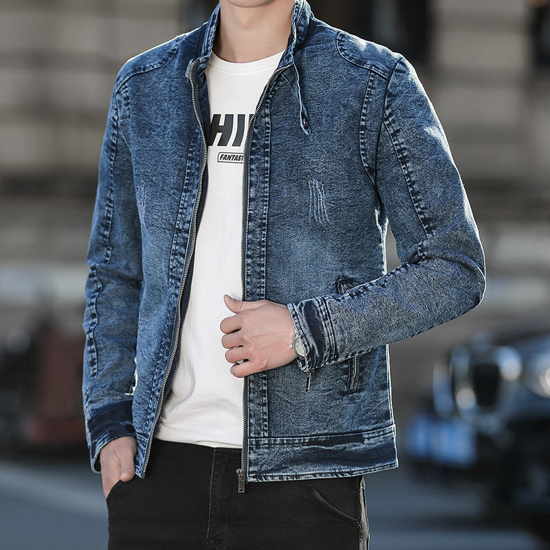 Herren Jeansjacke im Vintage-Washed Slim-Fit mit Stehkragen und Reißverschluss – Denvaro