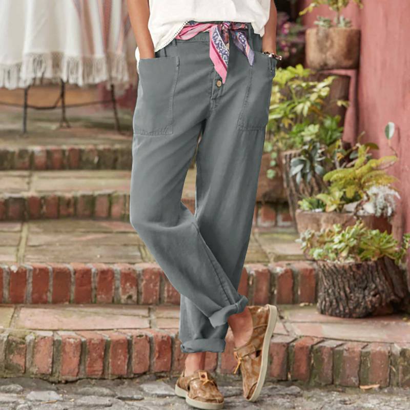 Damen nan Leinen-Baumwoll-Loungehose mit weitem Schnitt, hoher Bund und aufgesetzten Taschen Echo Archiv