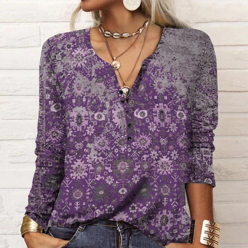 Damen Lockeres Langarm‑Henleyshirt mit V‑Ausschnitt, Knopfleiste und Ombre‑Print – Avérine