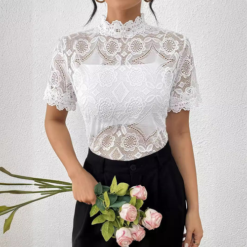 Damen nan semi-transparentes Spitzen-Top mit hohem Rüschenkragen und blickdichter Brustpartie Echo Archiv