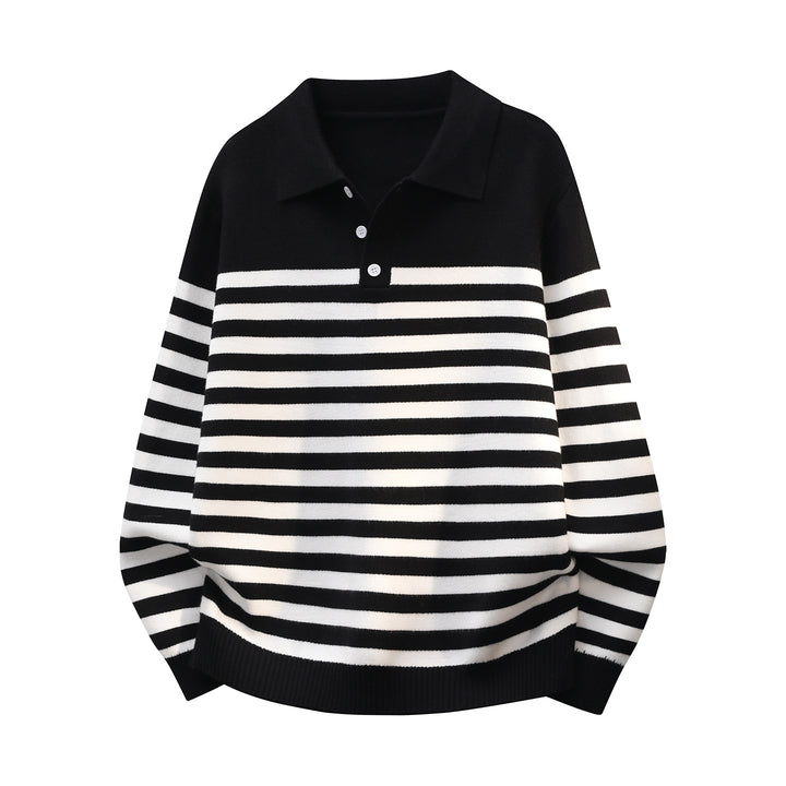 Herren Gestreifter Oversize Polo Strickpullover mit Halbknopfblende und gerippten Abschlüssen Echoarchiv