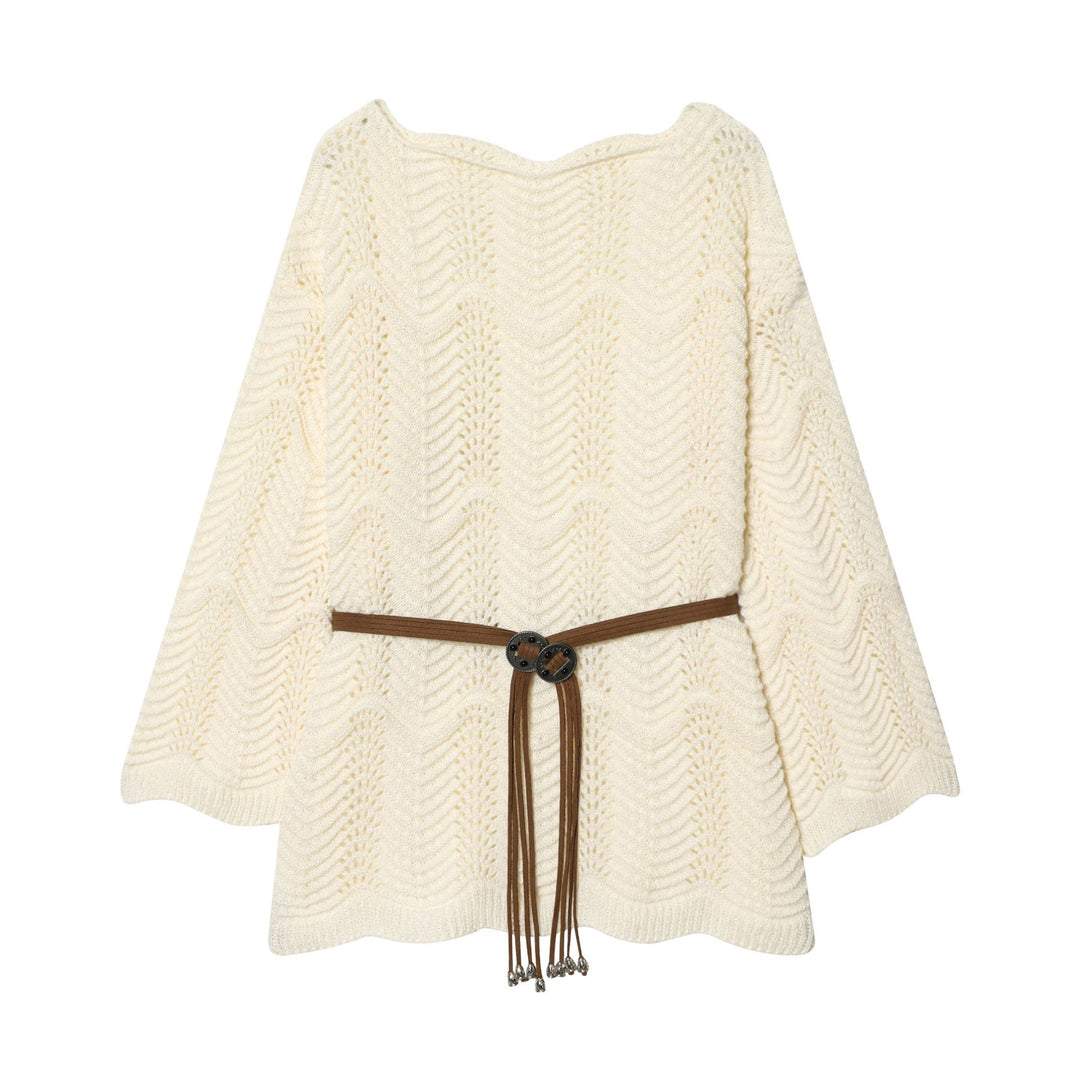 Damen nan gestricktes Poncho-Cape mit dekorativem Lederbandgürtel Echo Archiv