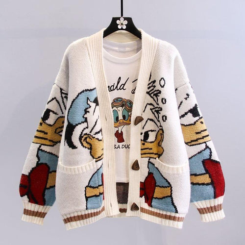 Damen Oversize-Strickcardigan mit Comic-Jacquardmuster und aufgesetzten Taschen – Veloura