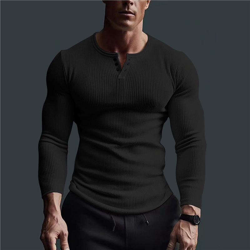 Herren eng anliegendes Langarmshirt mit Rippstruktur und Knopfleiste Echoarchiv
