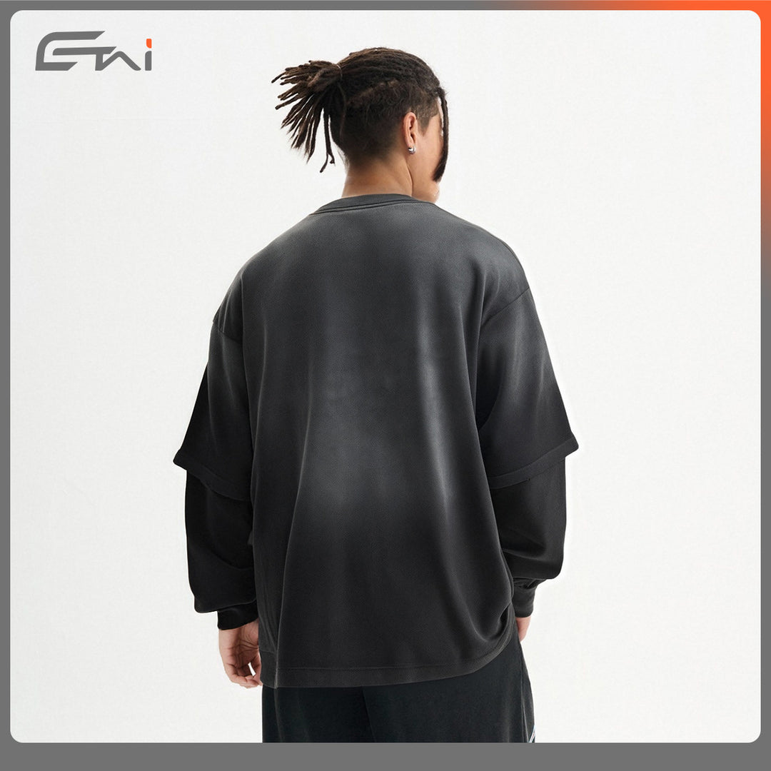 Herren Layered-Langarmshirt mit doppellagigen Ärmeln, verwaschener Vintage-Waschung und dezenten Ausfransungen Echo Archiv