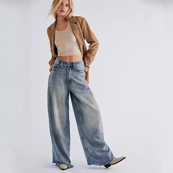 Damen nan extraweite High‑Waist Palazzo-Jeans aus Denim mit rohem Saum und Vintage-Waschung Echo Archiv