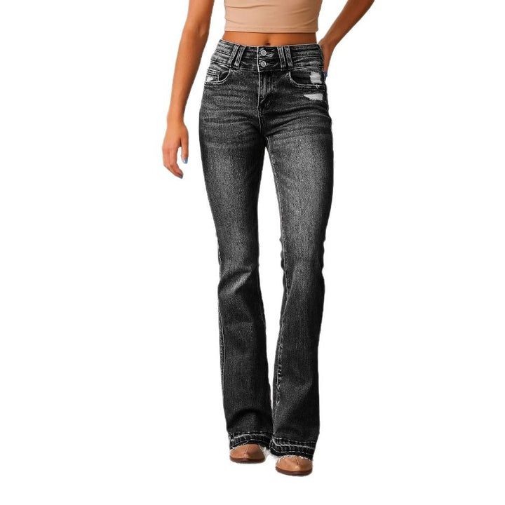 Damen nan hochtaillierte Vintage-Bootcut-Jeans mit doppelter Knopfleiste, leichtem Destroyed-Detail und ausgefranstem Saum Echo Archiv
