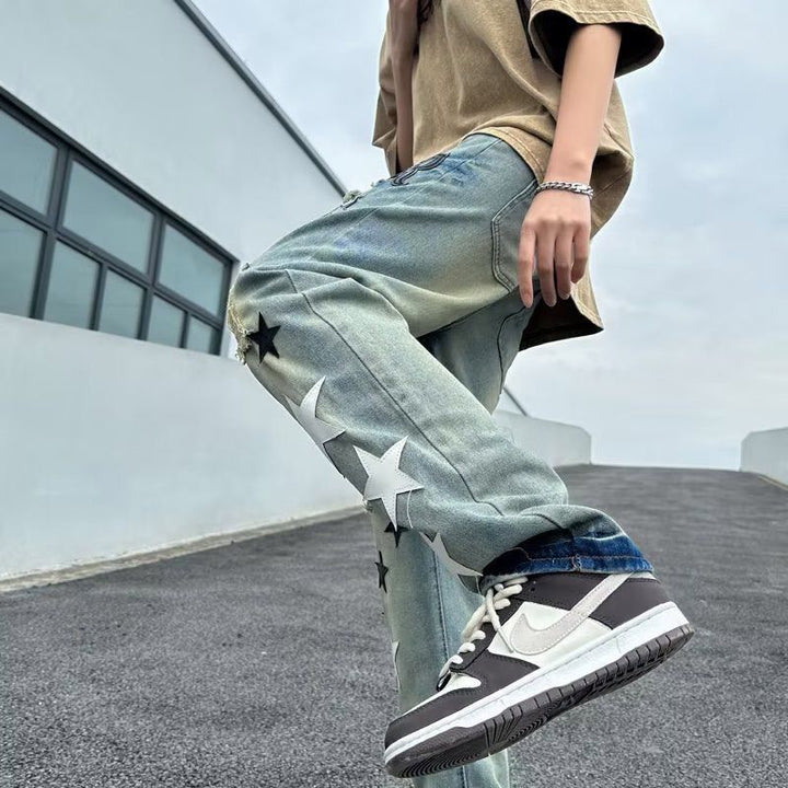 Herren Lässige Distressed Jeans mit Sternenapplikationen Echoarchiv