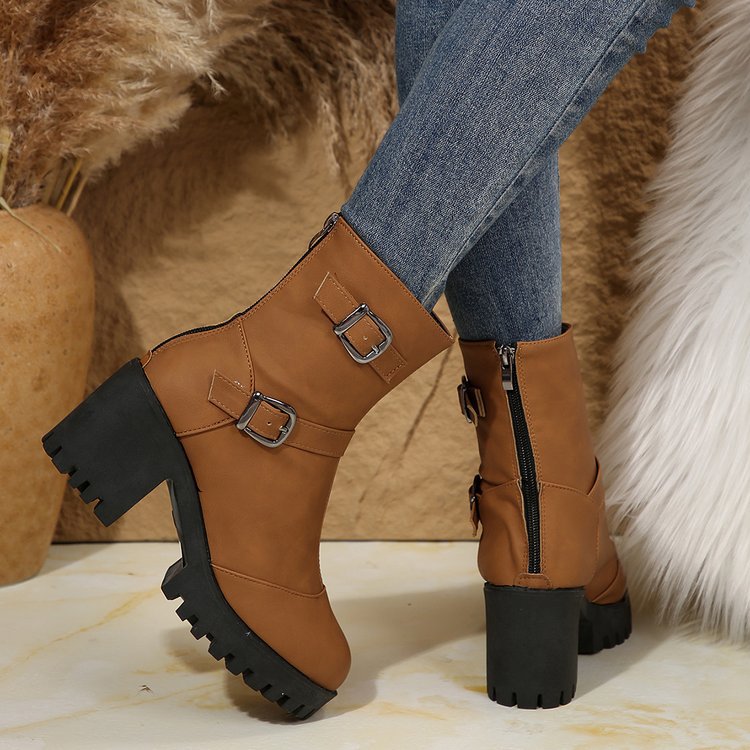 Damen nan klobige Biker-Ankleboots mit Profilsohle, dekorativen Doppelschnallen und seitlichem Reißverschluss Echo Archiv