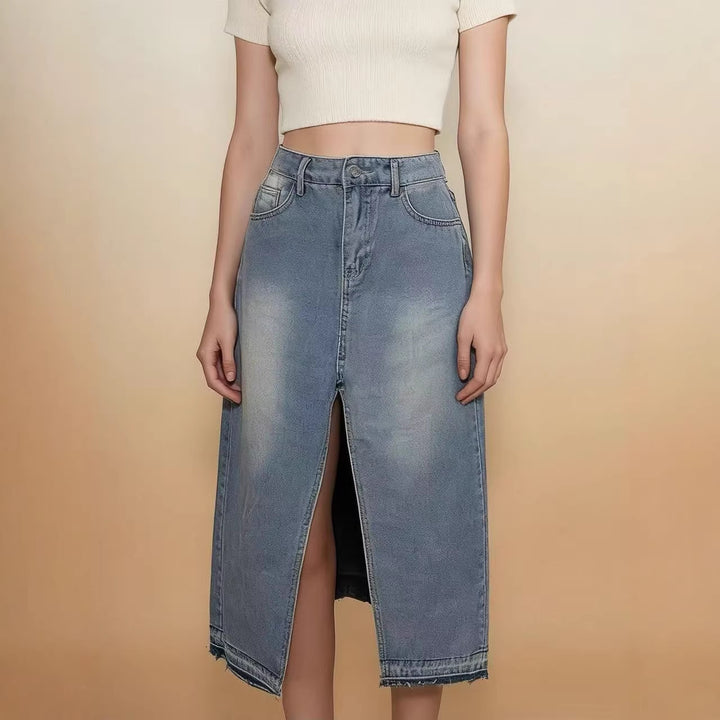 Damen Midi-Denim-Rock mit hohem Schlitz und fransigem Saum Echo Archiv