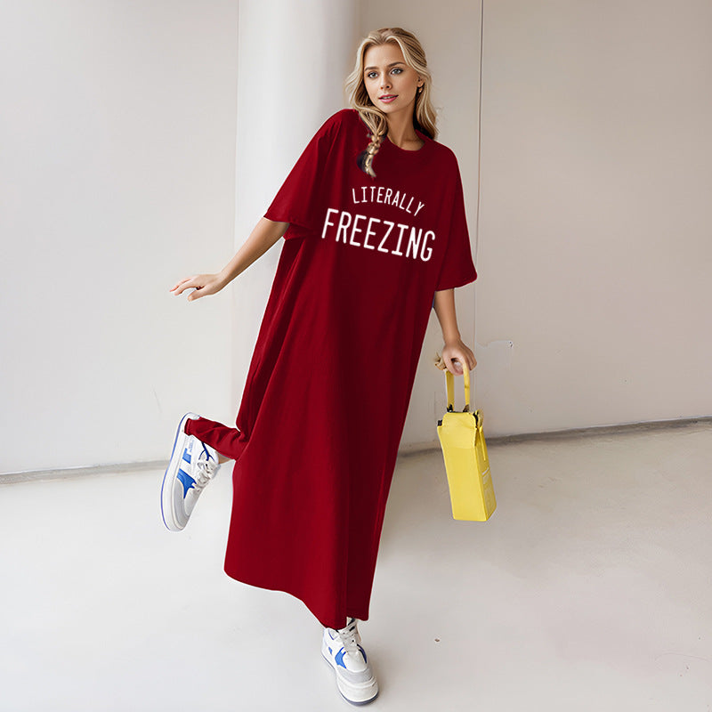 Damen lässiges Oversize Maxi-T-Shirt-Kleid mit Rundhals und Statement-Print – Valéora