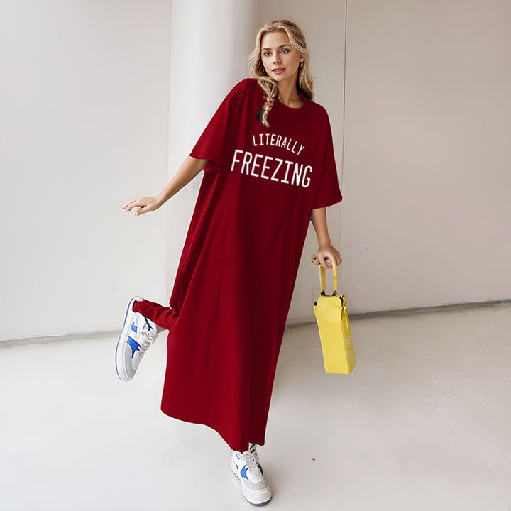 Damen lässiges Oversize Maxi-T-Shirt-Kleid mit Rundhals und Statement-Print – Valéora