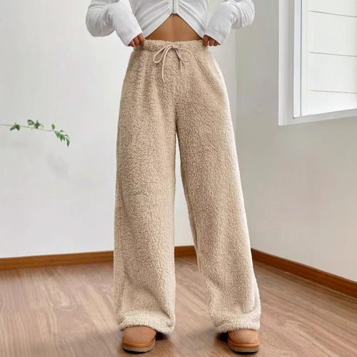 Damen nan hochtaillierte Teddyfleece-Loungehose mit weitem Bein, Kordelzug und seitlichen Eingrifftaschen Echo Archiv