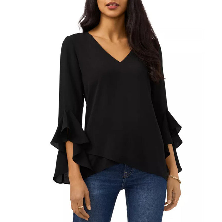 Damen Chiffon-Bluse mit V-Ausschnitt, asymmetrischem Saum und Volant-Ärmeln – Avérine