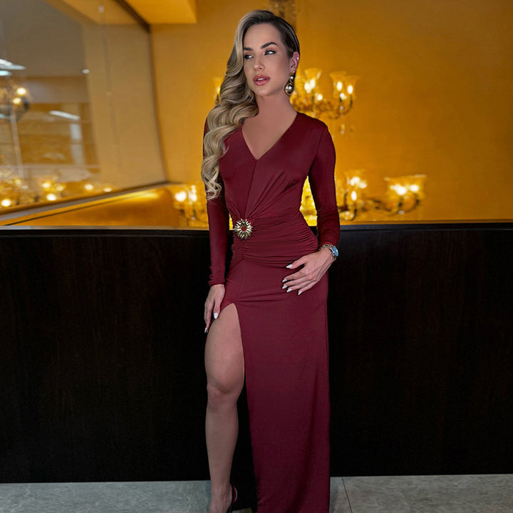 Damen elegantes langärmliges Abendkleid mit Raffung und hohem Schlitz Echo Archiv