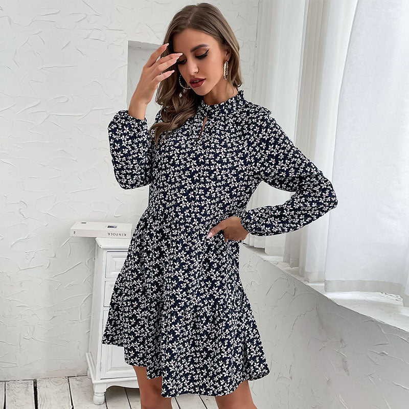 Damen Gestuftes Minikleid mit Stehkragen, Blumenprint und taillierter A‑Linie Echoarchiv