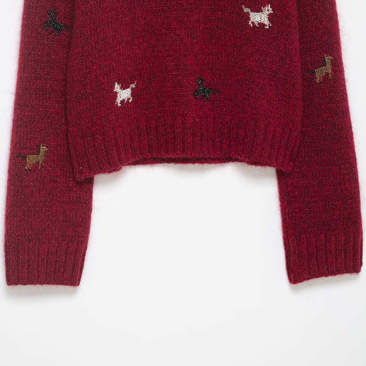 Damen nan kurzgeschnittener Grobstrick-Pullover mit Hundemotiv, Rundhalsausschnitt und elastischem Rippbund Echo Archiv