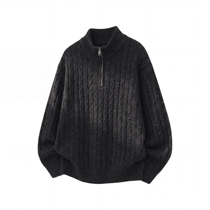 Unisex Lässiger Zopfmuster-Halbzip-Pullover mit hohem Rippkragen und Oversize-Schnitt Echo Archiv
