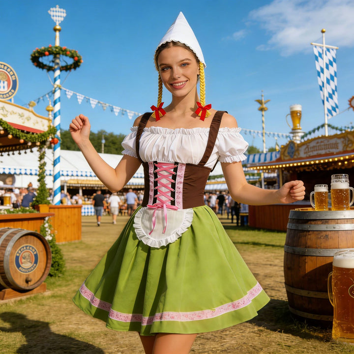 Damen nan traditionelles Dirndl-Kostüm mit Schnürung, Schürze und spitzem Kopftuch Echo Archiv
