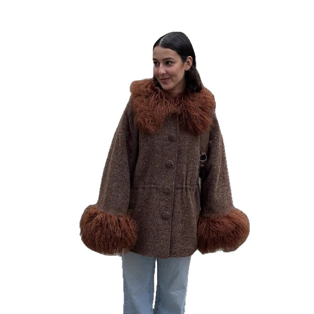 Damen Oversize Wollmix-Marka Mantel mit voluminösem Lammfellimitatkragen und extra weitem Ärmelabschluss Echoarchiv