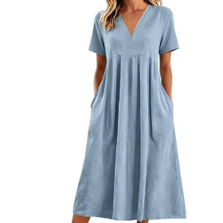 Damen nan legeres V-Ausschnitt-Midikleid mit Eingrifftaschen und geraffter Empirenaht Echo Archiv