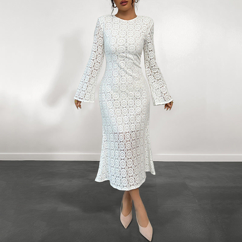Damen Midikleid aus gehäkelter Spitze mit Trompetenärmeln Echoarchiv
