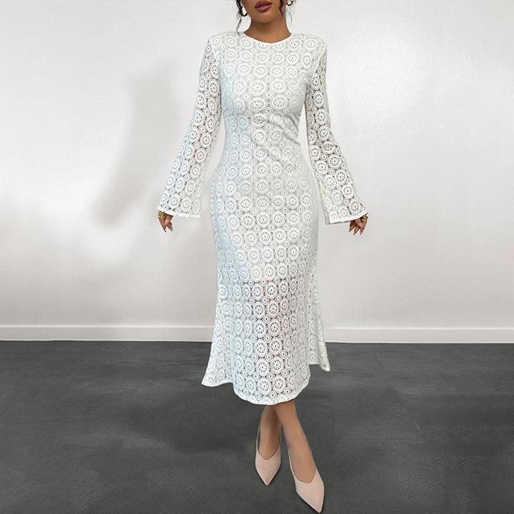 Damen Midikleid aus gehäkelter Spitze mit Trompetenärmeln Echoarchiv