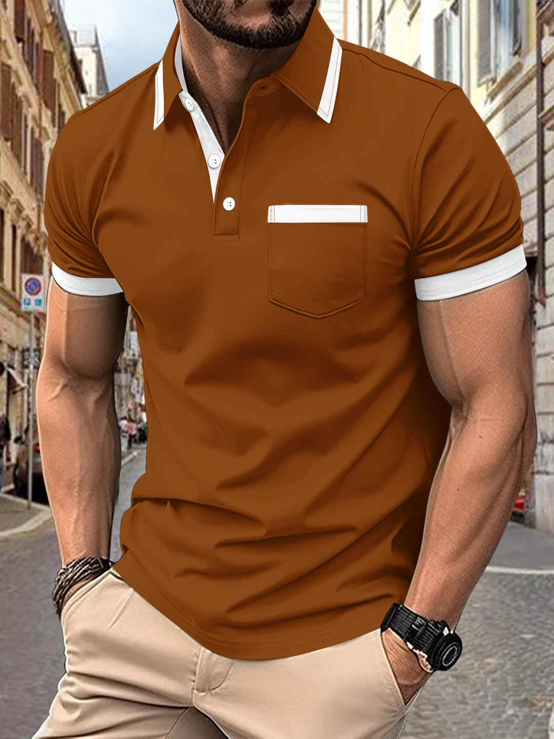 Herren modisches Kurzarm-Polohemd mit kontrastierenden Details Echoarchiv