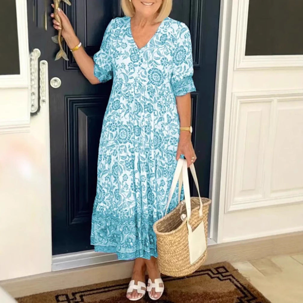 Damen nan lässiges Stufen‑Midikleid mit V‑Ausschnitt, geraffter Passe und Volant-Saum Echo Archiv
