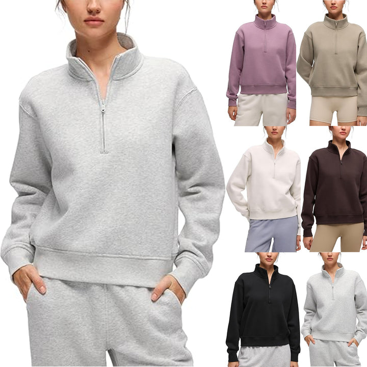Damen Oversize-Sweatshirt mit halbem Reißverschluss, Stehkragen und Rippbündchen Echoarchiv