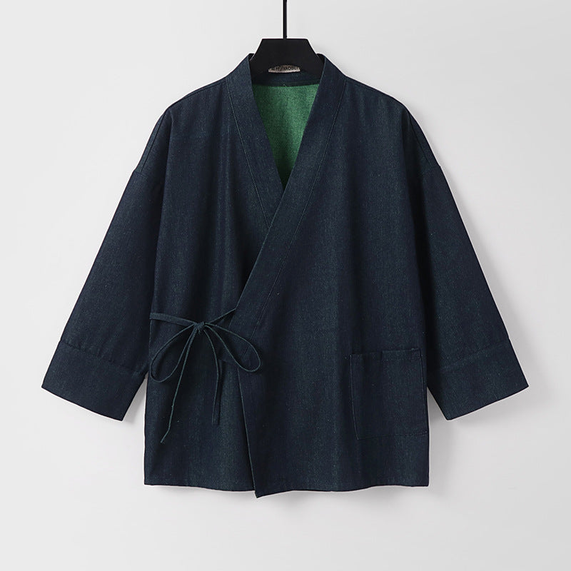 Damen Leichte zweifarbige Kimono-Jacke mit Bindebändern und kontrastiertem Innenfutter Echoarchiv