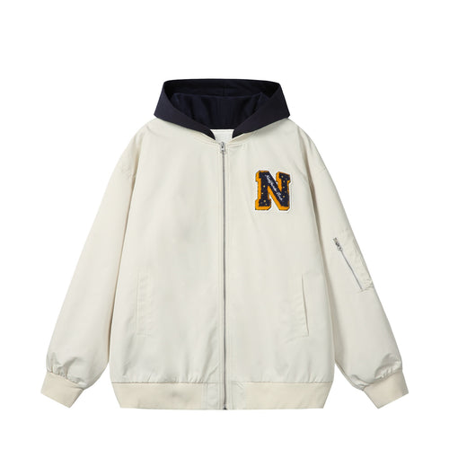 Unisex Boxy-Mehrlagige Bomberjacke mit integrierter Kapuze und Collegiate-Patch Echoarchiv