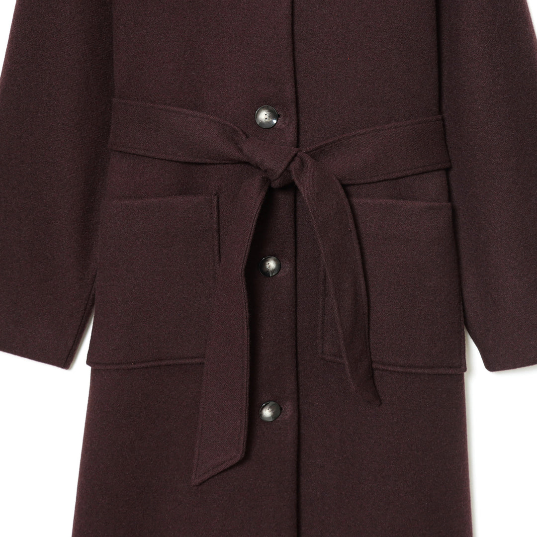 Damen langer Wollmantel mit Stehkragen, Druckknopfleiste, Bindegürtel und aufgesetzten Taschen – Montévia