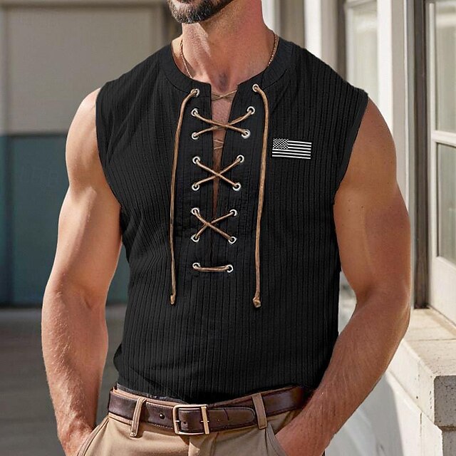 Herren Muskelshirt mit Schnürung und gesticktem Flaggenmotiv Echoarchiv