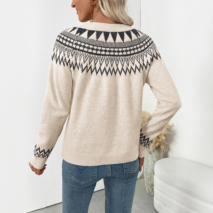 Damen Norweger-Statement Strickpullover mit Rundhalsausschnitt, Jacquard-Yoke und verlängerten Bündchen Echoarchiv
