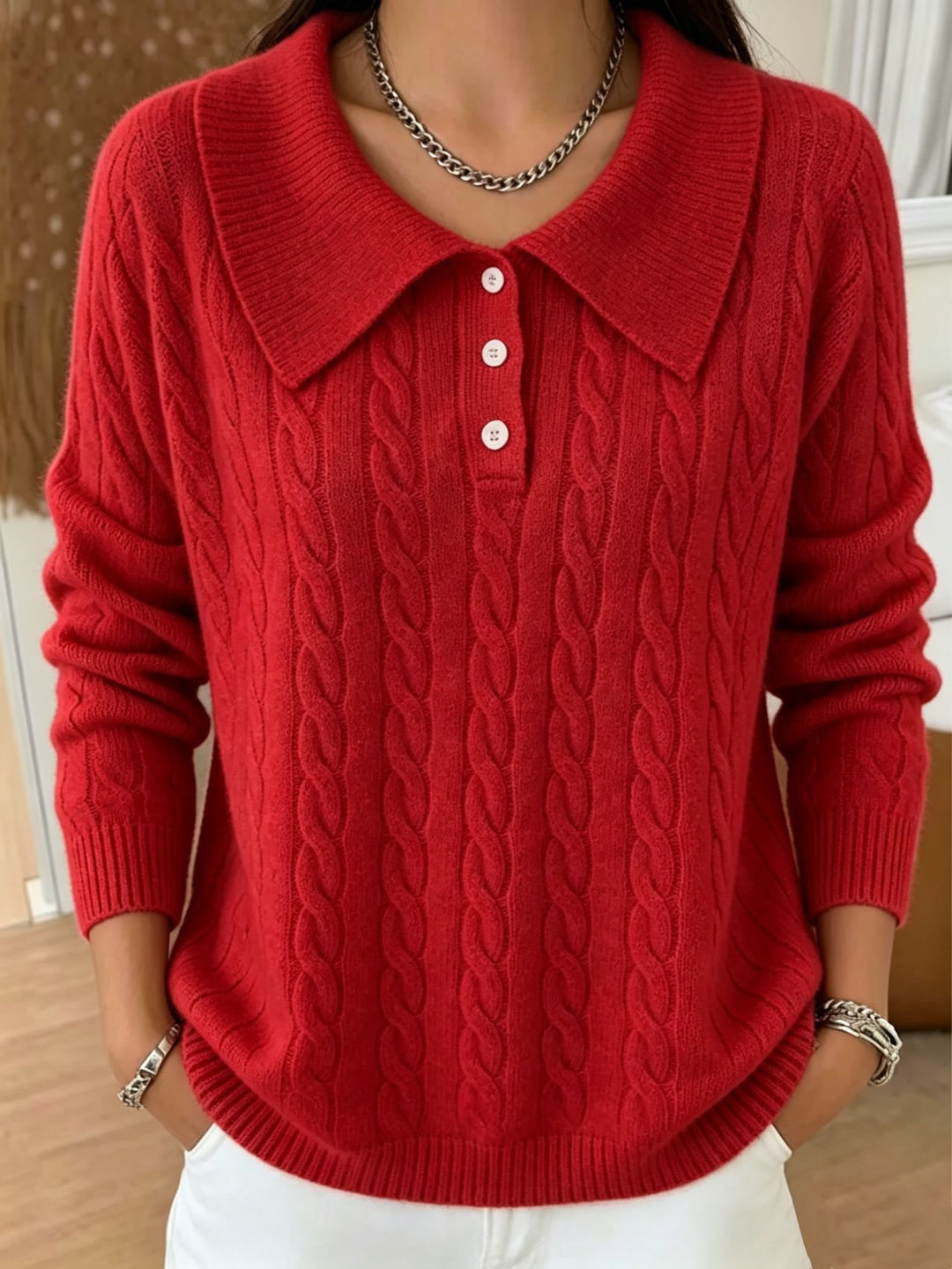 Damen Kabelstrick-Polo-Pullover mit großem Umlegekragen und lockerer Silhouette – Mavelle