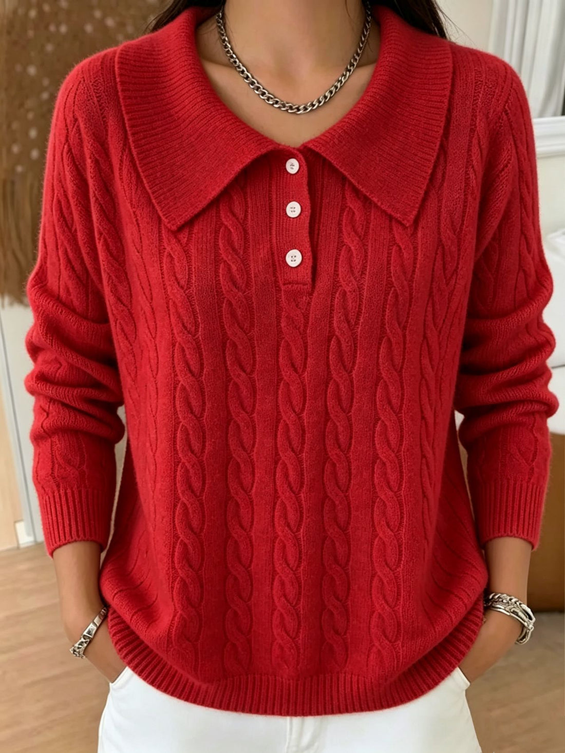 Damen Kabelstrick-Polo-Pullover mit großem Umlegekragen und lockerer Silhouette – Mavelle
