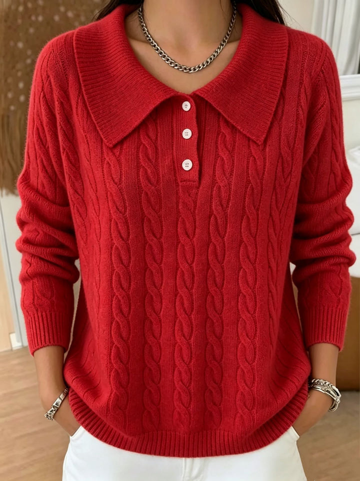 Damen Kabelstrick-Polo-Pullover mit großem Umlegekragen und lockerer Silhouette – Mavelle