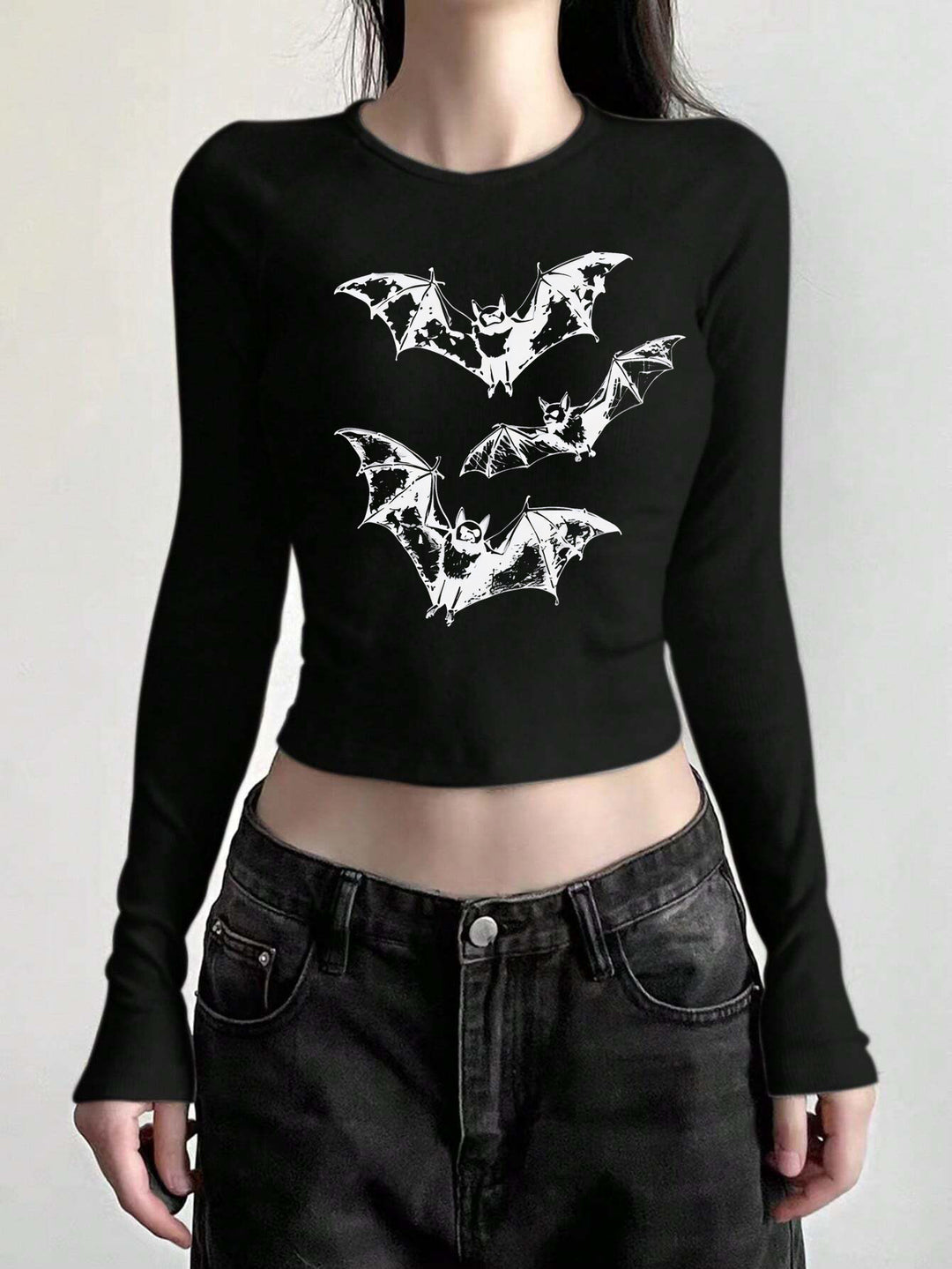 Damen figurbetontes Langarmshirt mit niedlichem Gänse-Print, Rundhalsausschnitt und leichtem Stretch – Avérine