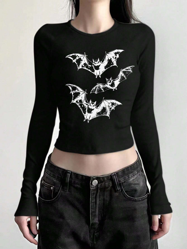 Damen figurbetontes Langarmshirt mit niedlichem Gänse-Print, Rundhalsausschnitt und leichtem Stretch – Avérine