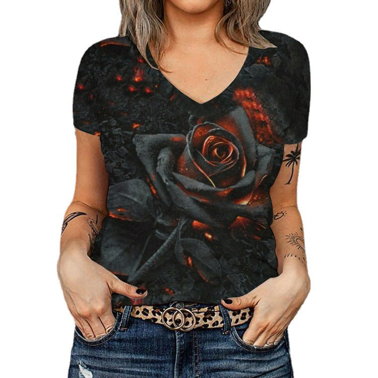 Damen V-Ausschnitt T-Shirt mit floralem Muster und Glitzerakzenten Echo Archiv