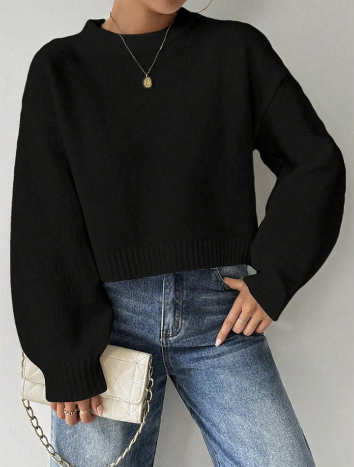 Damen Kurz-Cropped Pullover aus feinem Strick mit Ballonärmeln und geripptem Bund – Mavelle