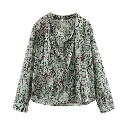 Damen Bluse mit Wasserfall-Schalkragen und Schlangenprint Echoarchiv